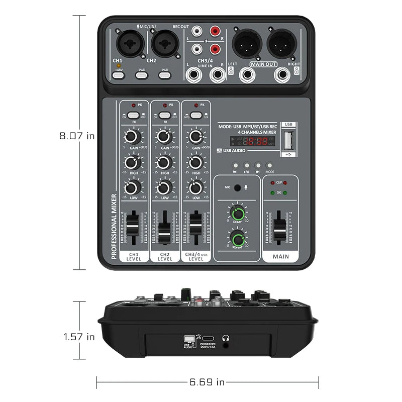 4 Channel Audio Recording Mixer With Bluetooth USB And 48V Phantom Power Light Grey