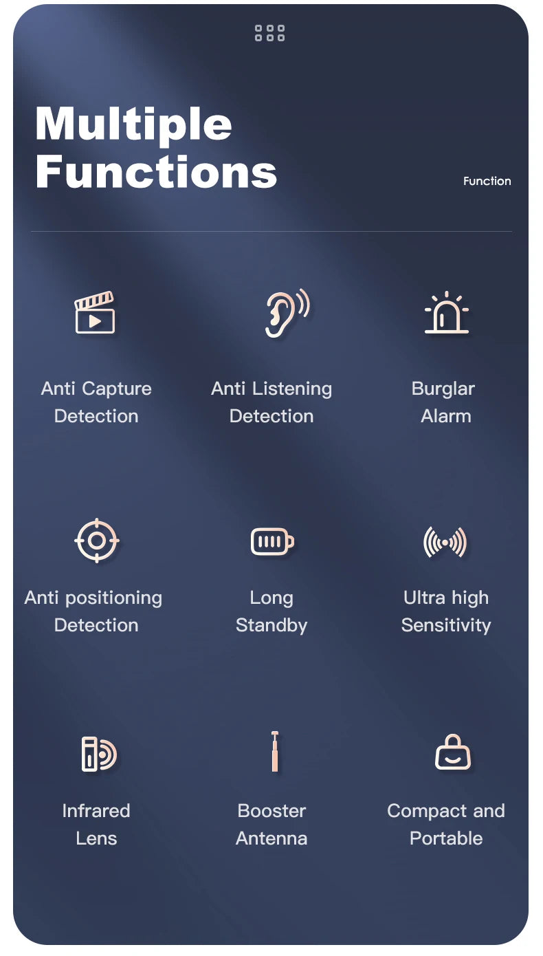 T18 hidden camera detector, camera detector, insect and hidden camera detector, RF signal scanner, home wireless charging, offic
