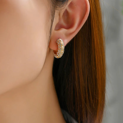 Gold Color Copper Metal Small Hoop Earrings for Women Round Circle Imitation Pearl Rhinestone Huggies Earrings