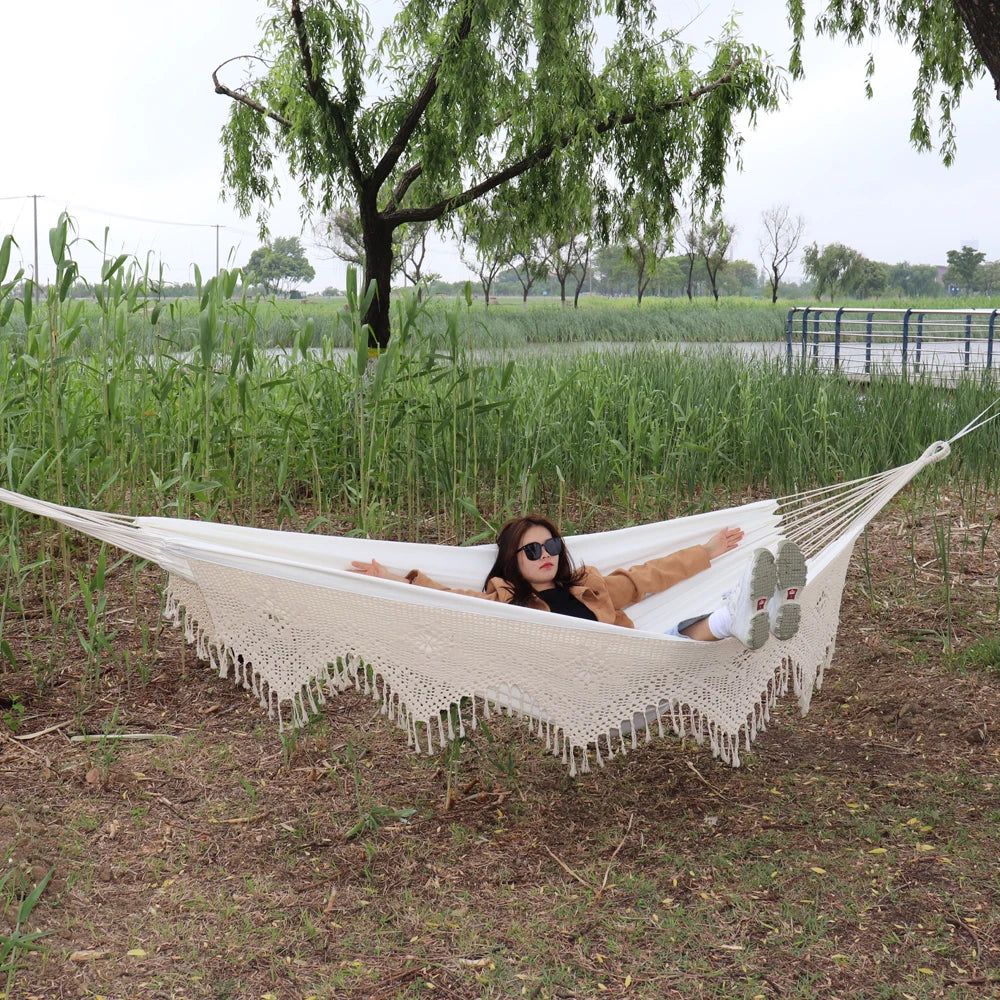 Premium Cotton Canvas Hammock with Woven Tassels for Home, Bedroom, Patio, Porch, Yard, Beach 2 Person Bohemia Style