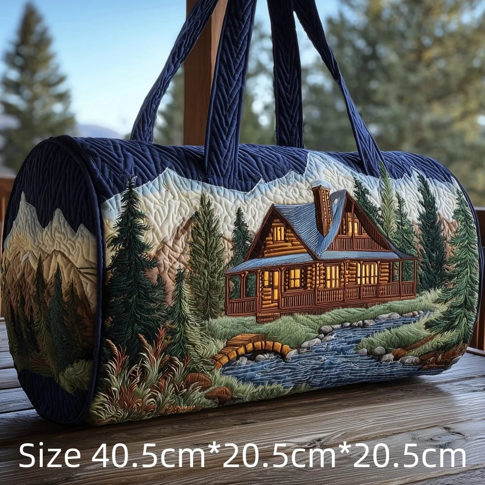 3D Print Quilted Duffle Bag Mountain Forest Lake Cabin Scenery Weekend Gym Overnight Bags Carryall Handbag Travel Camping Hiking