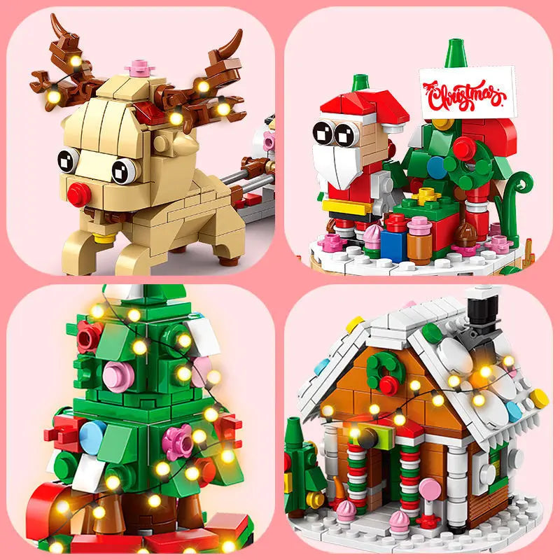 DIY 8in1 Lights Christmas Elk Deer Santa Claus Train Architecture Store Street View Xmas Tree Snow House Building Block Kit Toy