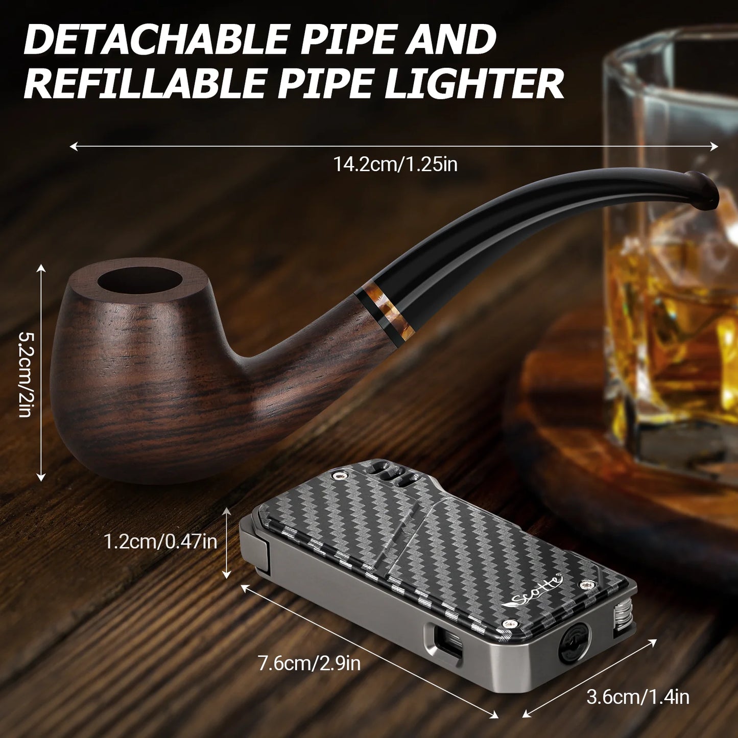 Handmade Wood Pipe and Cigar Lighter Set Cigar Accessories Soft Flame Refillable Butane Lighter 3 Foldable Cleaners Tools