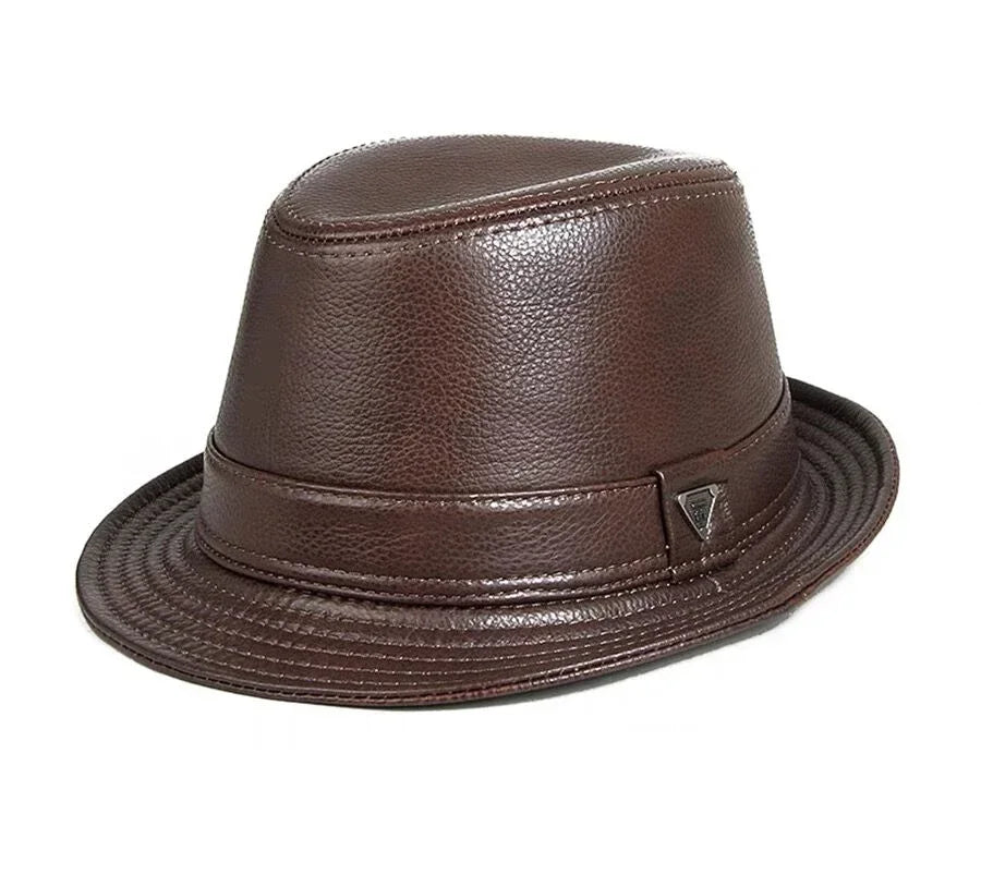 Man High Quality Genuine Leather Jazz Fedora Gentleman Cow Skin Short Brim Fitted Top Hat Male Shows