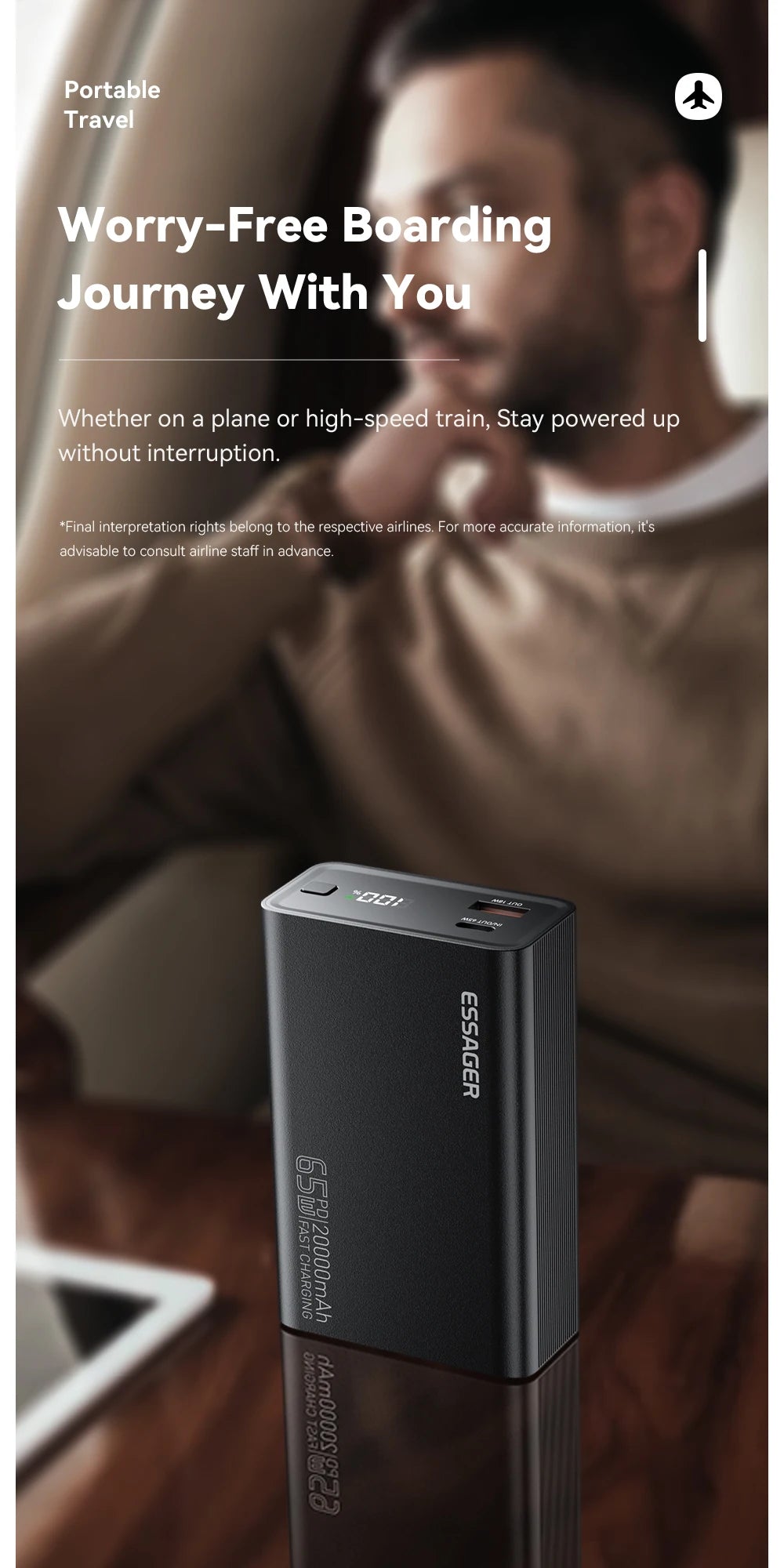 20000mAh Power Bank 65W PD Fast Charging Portable Battery with Built-in Cables & Digital Display