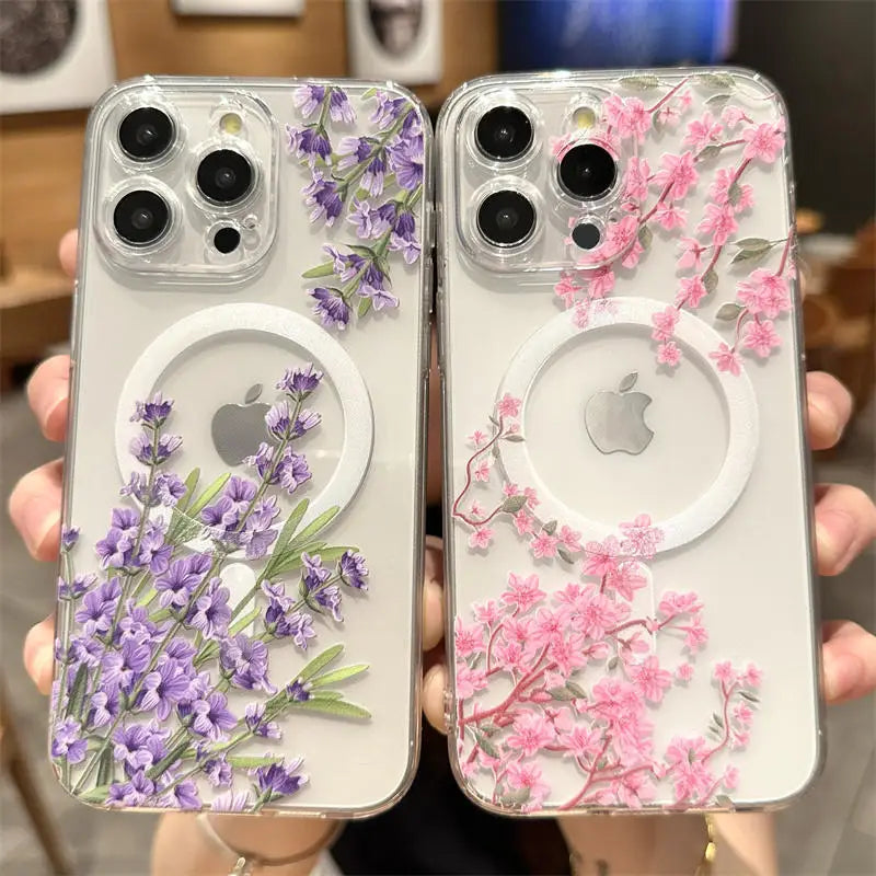 Floral Flower Transparent Magsafe  Phone Case iPhone 16 15 14 Pro Max 14 15 16 Plus Clear Wireless Charge Cover
