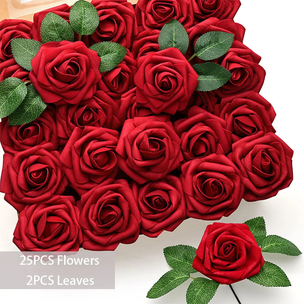 25pcs Artificial Flowers PE Foam Roses W/stem for DIY Wedding Bouquets Centerpieces Christmas Party Arrangement Home Decoration