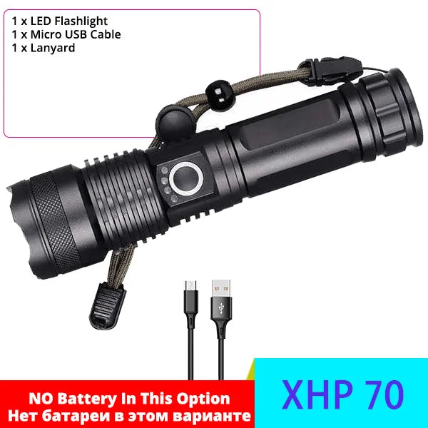 XHP120 LED Flashlight Rechargeable Zoom Tactical Torch with COB Side Light Power Bank Function
