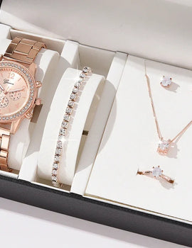 6PCS Set Luxury Watch Women Ring Necklace Earrings Rhinestone Fashion Wristwatch Female Casual Ladies Watches Bracelet Set Clock