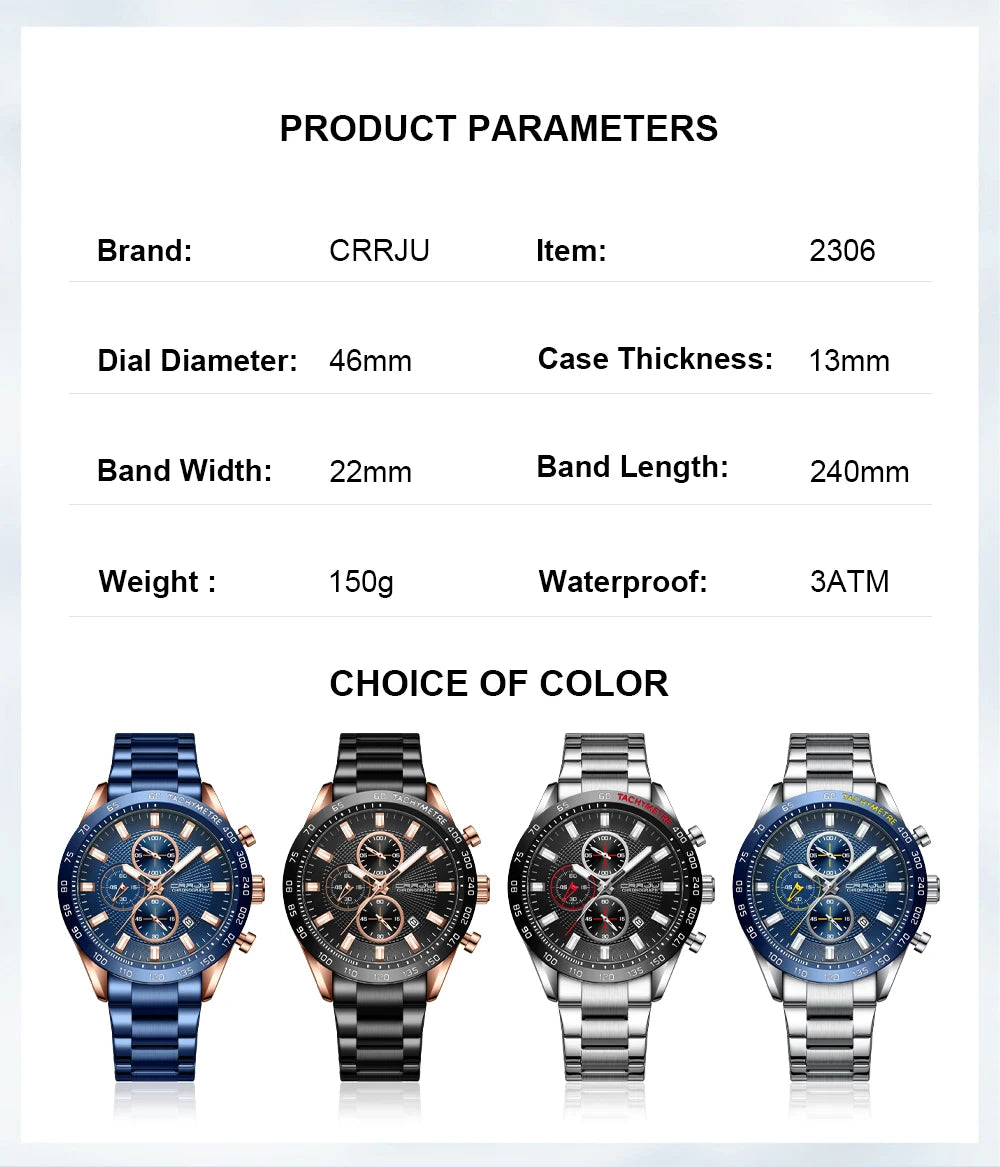 Men Watch Fashion Sports Chronograph Wristwatches Stainless Steel Strap with Auto Date