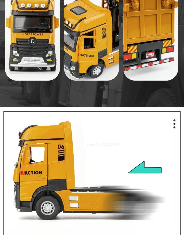 1/50 Extended Dump Truck Model Toy Metal Diecasting Doors Opened Sound Light Pull Back Vehicle Models Ornaments 's Gifts