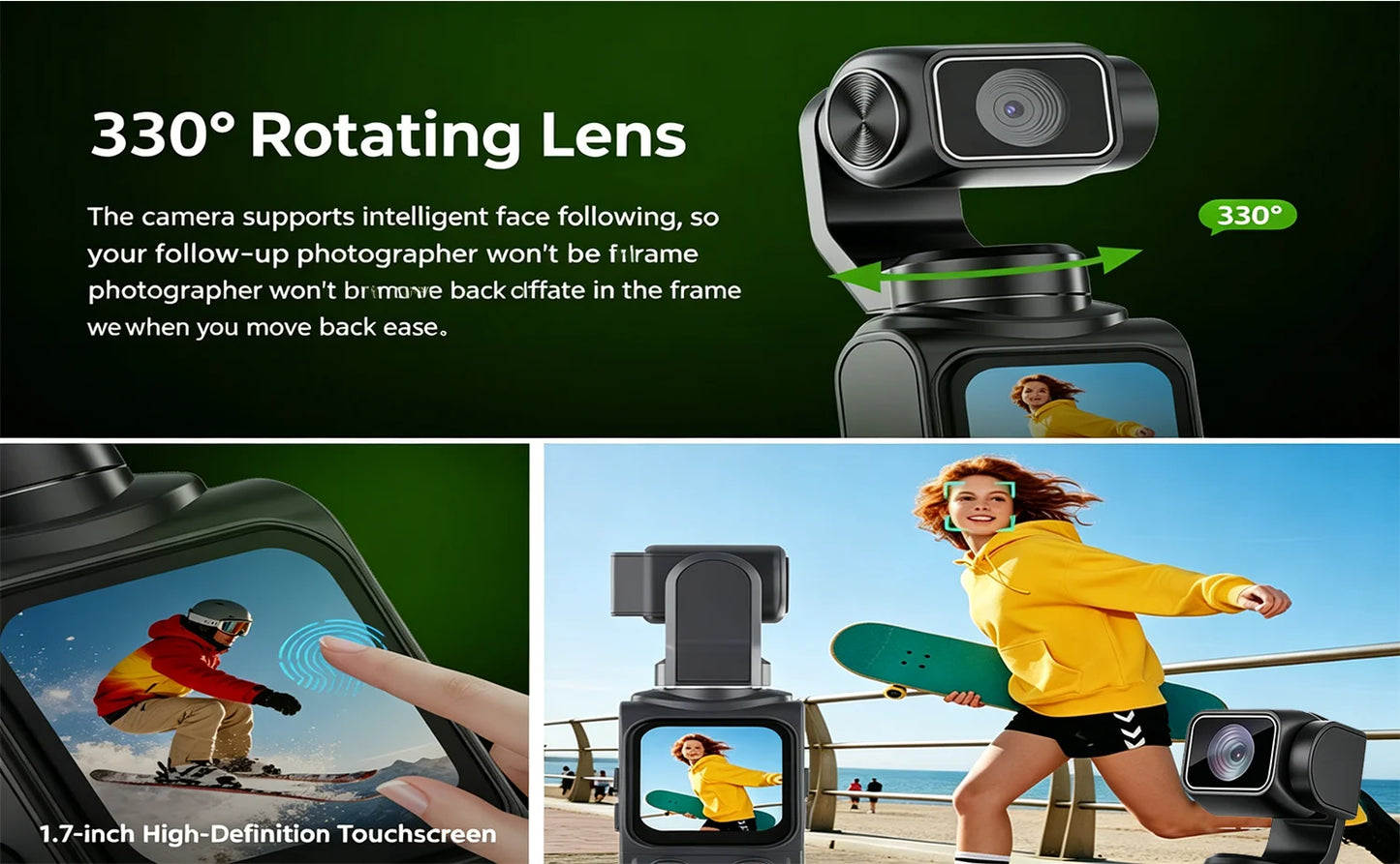 4K Pocket Action Camera 330° Auto-Rotate Lens Face Tracking Touchscreen Vlog Camera with WiFi