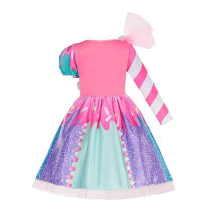 Girls Purim Festival Lollipop Costume Children Puff Sleeve Candy Costume Kids Sweet Lollipop Print Birthday Party Dresses