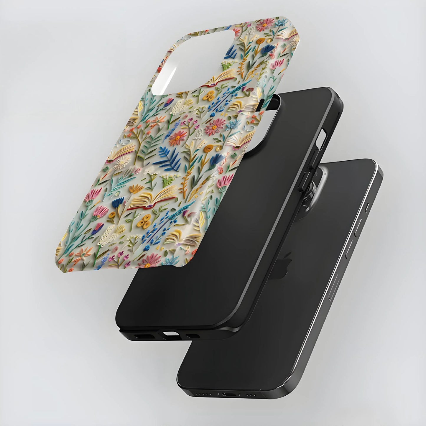 Romantic Wildflower Boho Embroidery Phone Case for iPhone 16 15 Pro Max Plus – 2 in 1 Hard Protection