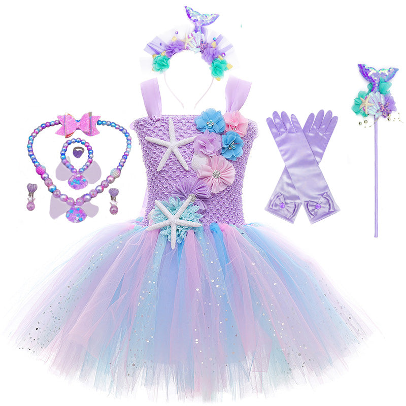 Pastel Mermaid Princess Tutu Dress with Flower Headband Party Costume
