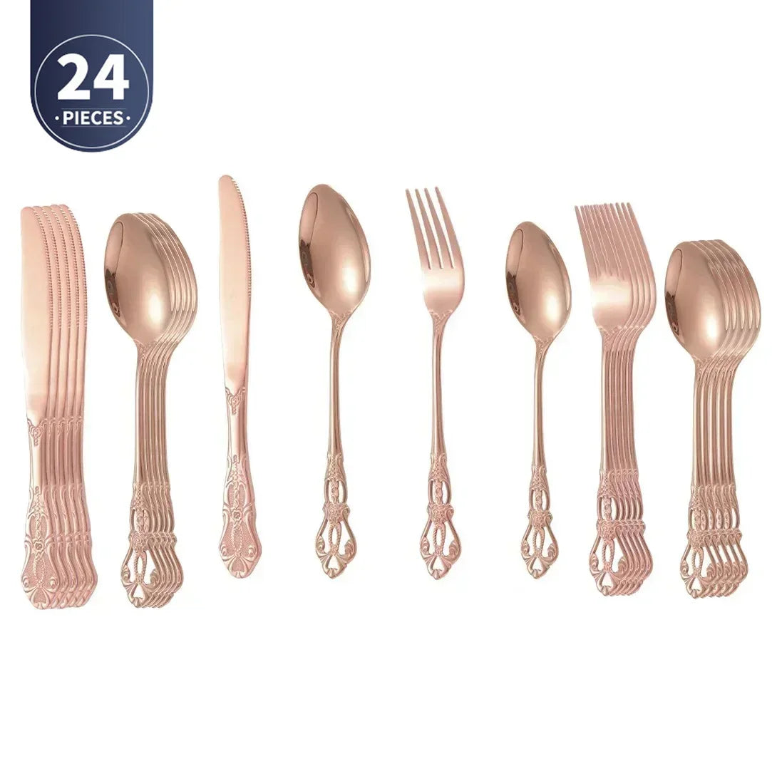 4pcs Gold Stainless Steel Cutlery Set Royal European Spoon Fork and Steak Knife Retro Hollow Design Dinnerware Luxury Tableware