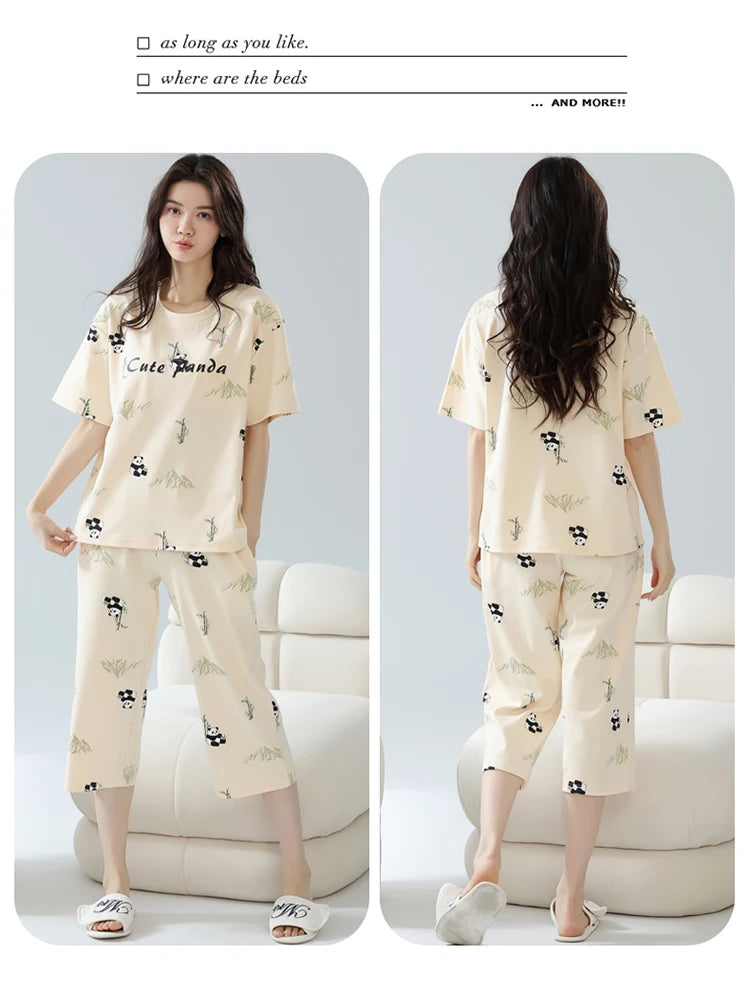 2-Pcs Women’s Cotton Pajama Set – Breathable Short Sleeve Summer Sleepwear with Cute Prints