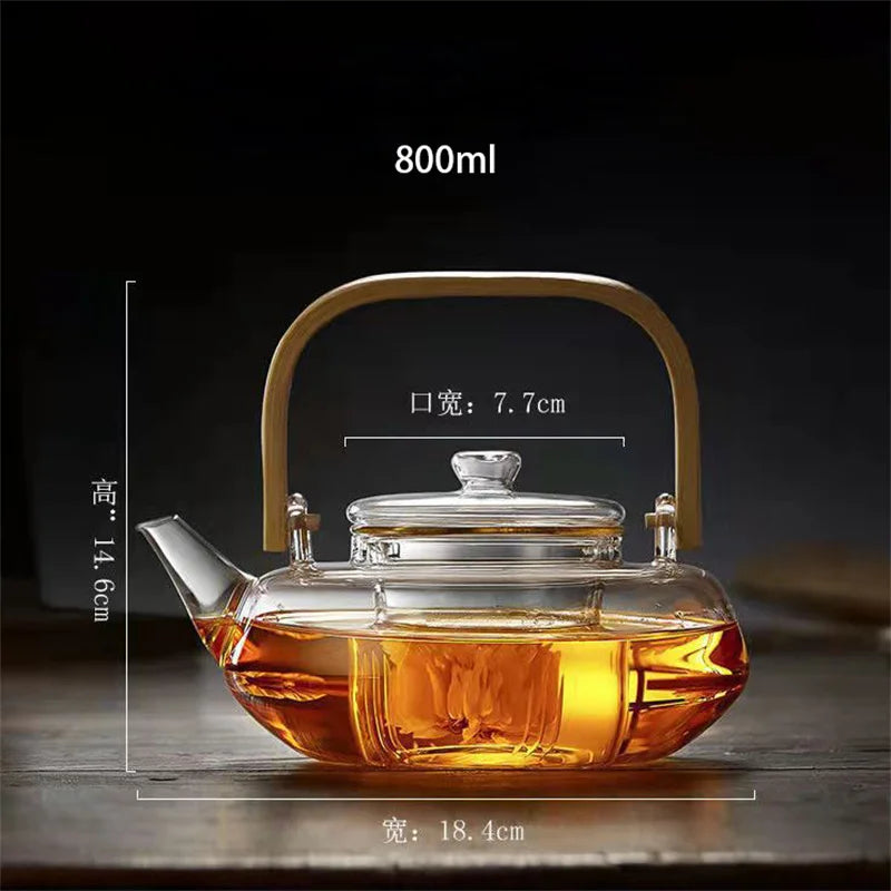 Japanese Style High Borosilicate Glass Teapot with Bamboo Handle