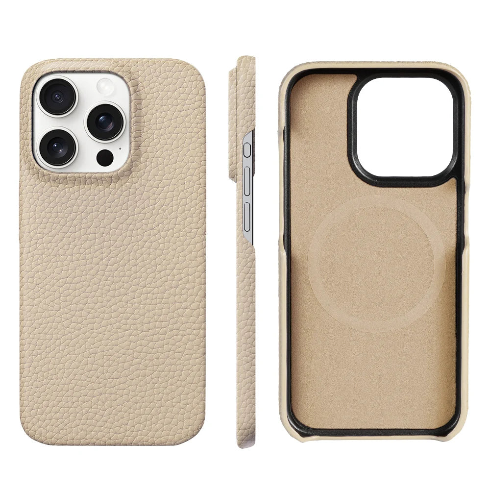 for Magsafe Case for iPhone 15 16 Pro Max Promax 16Pro Natural Cowhide Lychee Leather  Protector Luxury Phone Back Cover