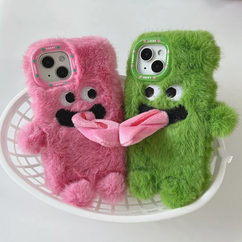 INS Couple Fur Monster Kiss Tongue Case For iPhone 16 15 14 13 Pro Max Korea Cute Cartoon Gift Anti-Drop Soft Back Cover