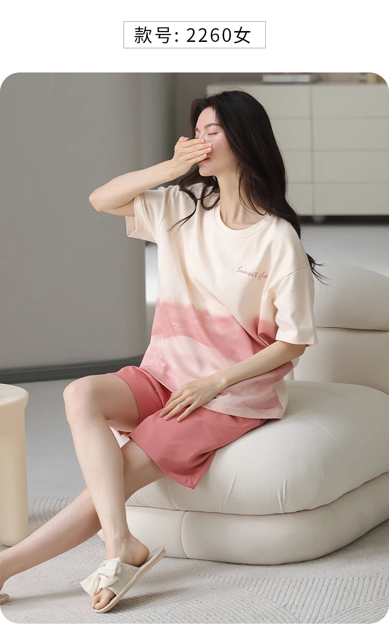 2-Pcs Women’s Cotton Pajama Set – Breathable Short Sleeve Summer Sleepwear with Cute Prints