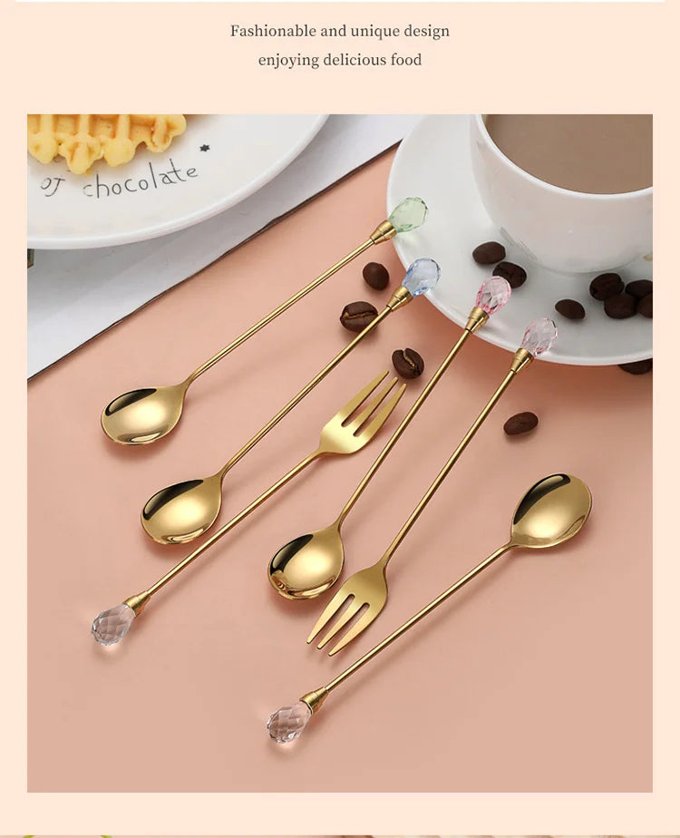 Stainless Steel Diamond Coffee Spoon and Fork Set Creative Crystal Long Handle, Perfect for Desserts, Ice Cream, Cake, and Fruit