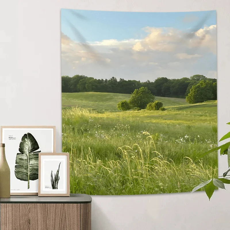 Rustic Landscape Tapestry Layered Petals & Grass Texture Living Room Sofa Accent Wall Room Decor Cozy Home