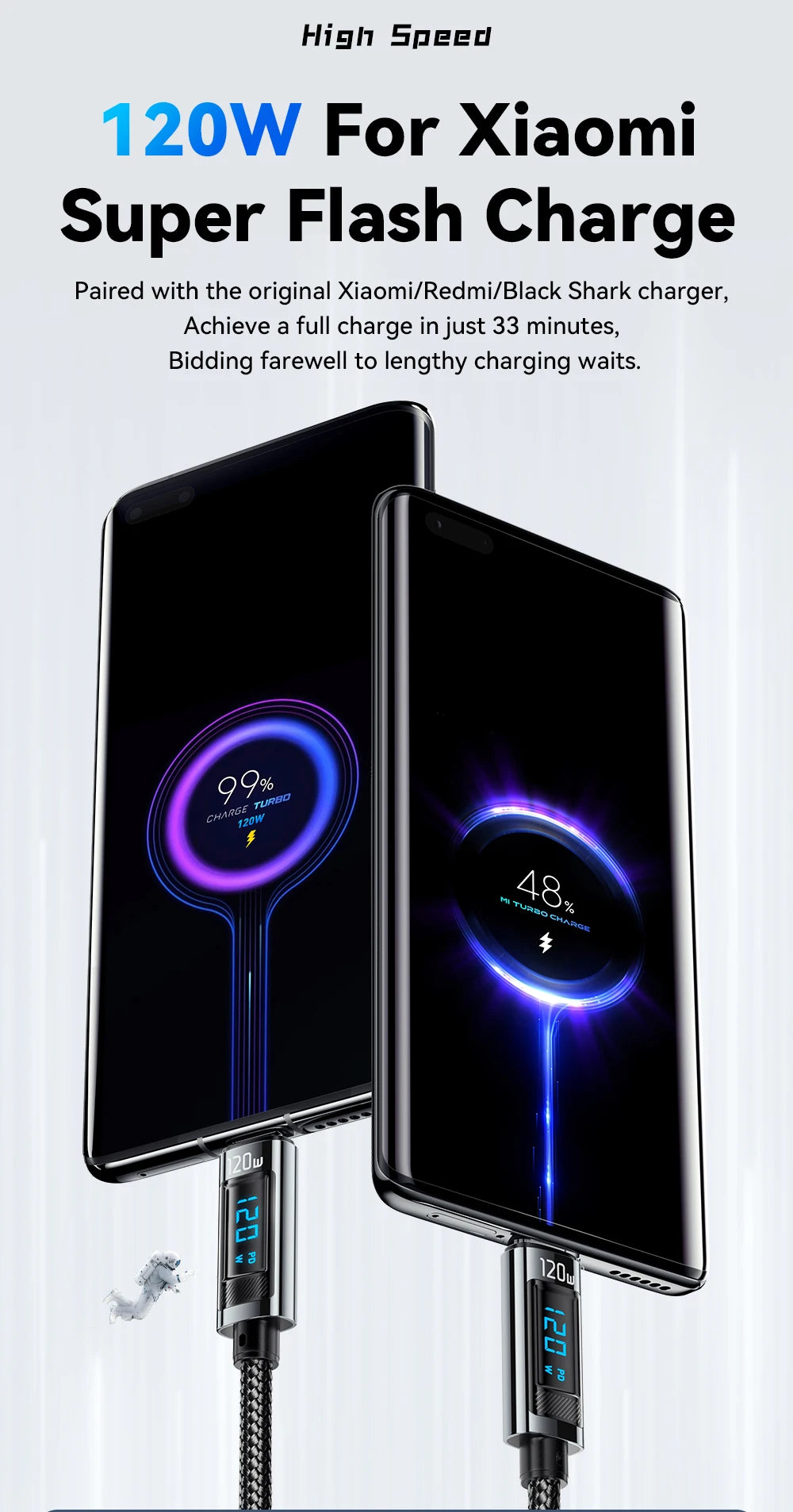 120W USB Type-C to Type-C Fast Charging Cable with LED Display