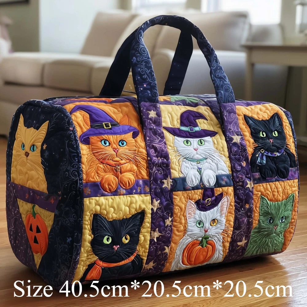 Cute 3D Quilted Cat Tote Bag Halloween Pumpkin Fall Leaves Floral Print Unique Travel Handbag Gift for Cat Lovers Shoulder Purse