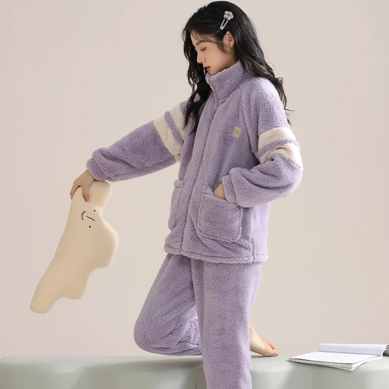 Women’s Winter Flannel Pajama Set – Thick, Soft Coral Fleece with Zipper & Oversized Fit