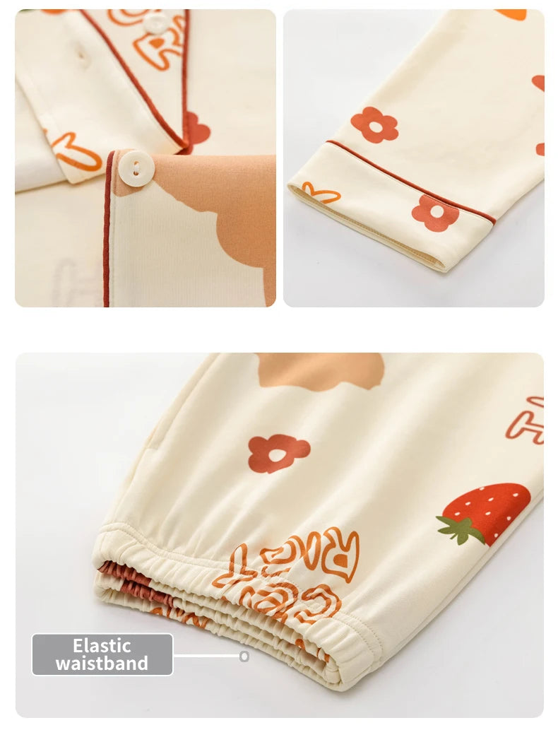 Women’s Winter 100% Cotton Pajama Set – Loose Fit, Turn-Down Collar, Long Sleeves, Cute Pink