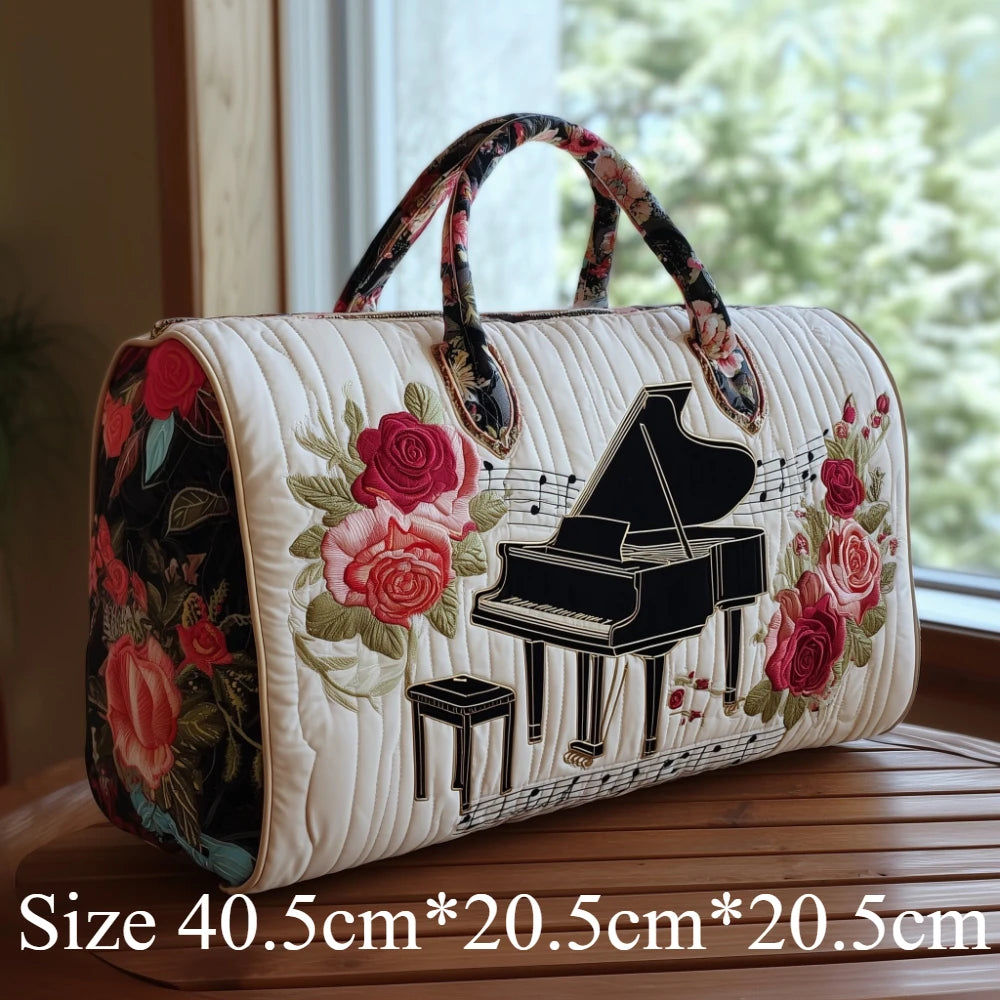 3D Printed Quilted Music Tote Bag Guitar Piano Floral Rose Design Travel Duffle Bag Carry on Luggage Unique Weekender Bag