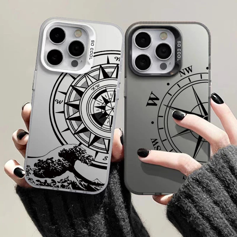 Fashion Vintage Compass Phone Case for iPhone 16 16E 14 15 Pro Max Hard IMD Shockproof Cover