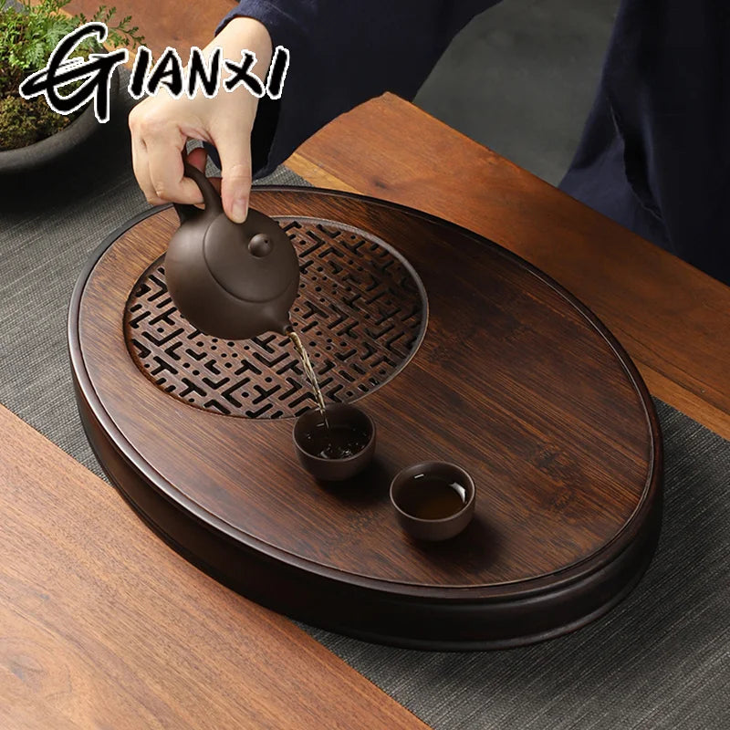 Chinese Tea Ceremony Culture Oval Tea Tray Natural Bamboo Hollow Drainage Storage Tea Tray Home Solid Wood Storage Tray