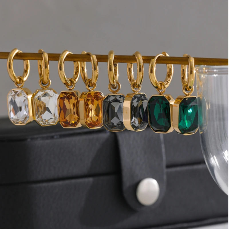 Stainless Steel Cubic Zirconia Drop Dangle Earrings Trendy Jewelry Gold Color Square Geometric Earring