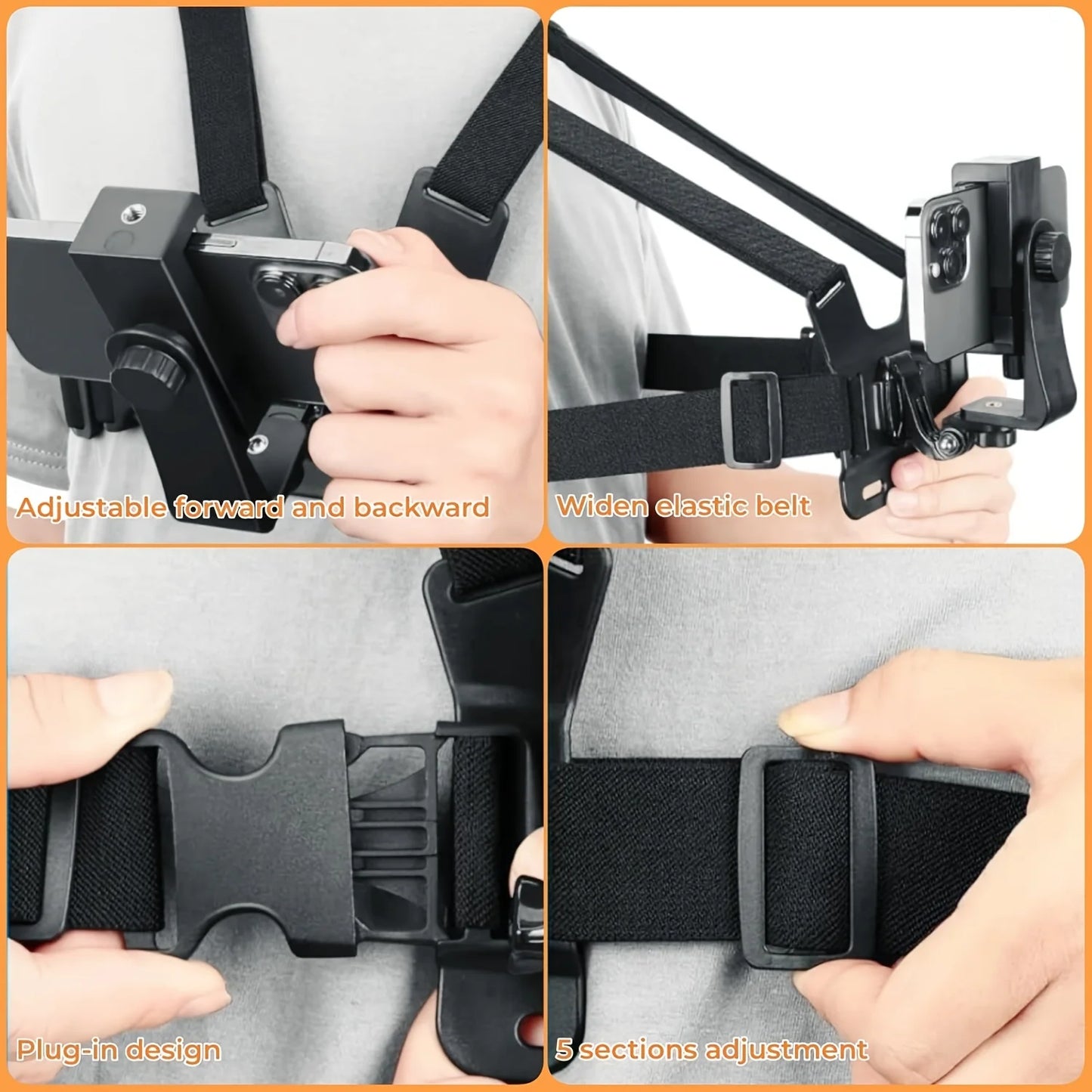 Adjustable Headband and Chest Mount Strap Holder for Mobile Phones and Action Cameras Compatible with GoPro DJI and More Hands Free Shooting Accessory