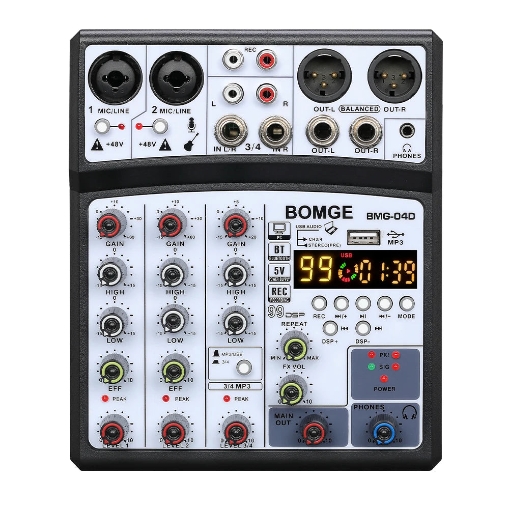 4 Channel Audio Mixer Console with USB 48V Phantom Power and 99 DSP Effects