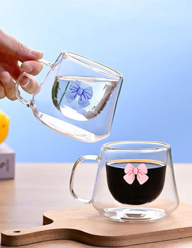 2pcs Bowknot Double Wall Glass Cup Set Coffee Mug Heat-resistant Espresso Cup Thermo Insulated Cup For Cappuccino Tea Drinkware