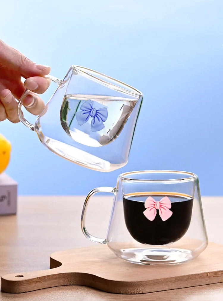 2pcs Bowknot Double Wall Glass Cup Set Coffee Mug Heat-resistant Espresso Cup Thermo Insulated Cup For Cappuccino Tea Drinkware