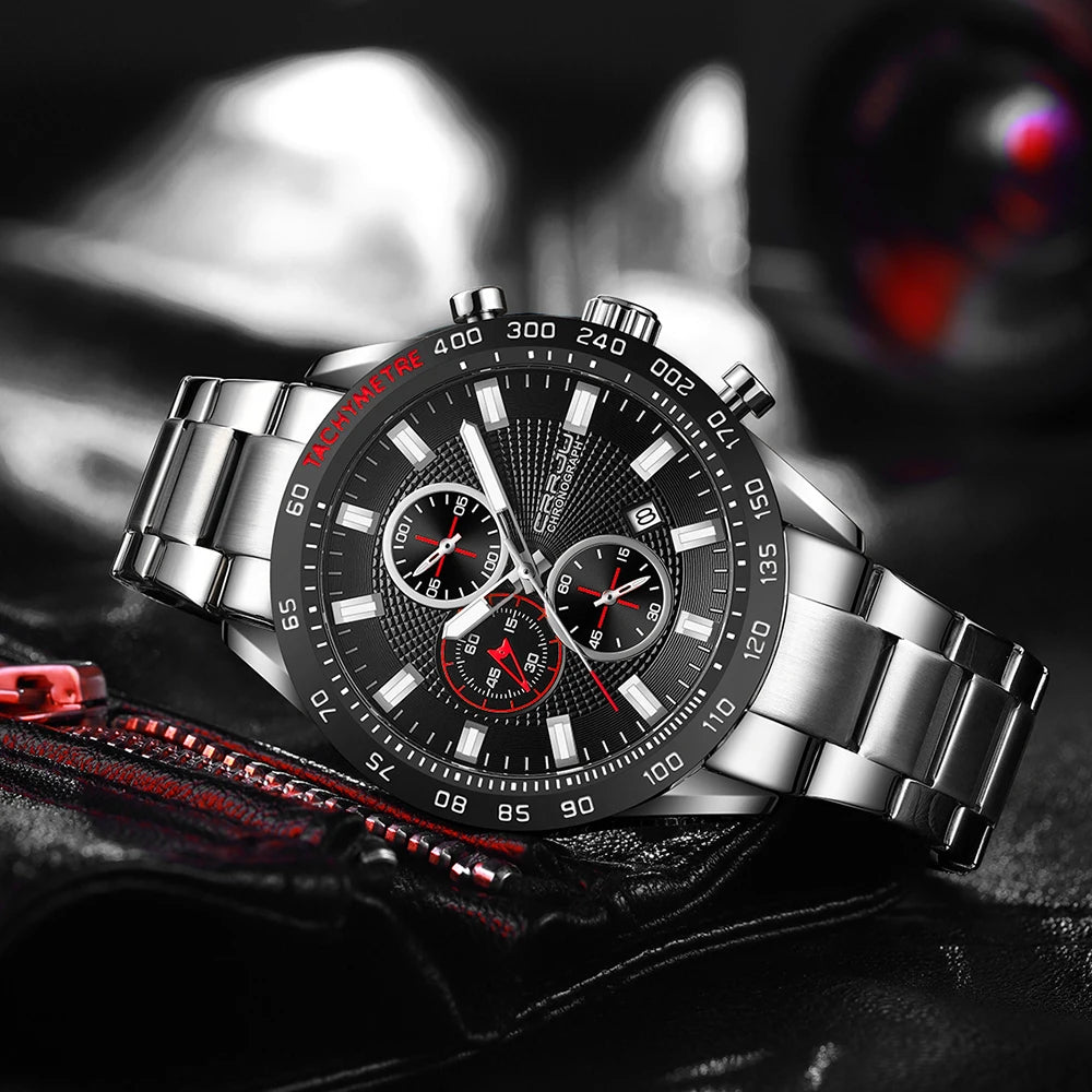 Men Watch Fashion Sports Chronograph Wristwatches Stainless Steel Strap with Auto Date