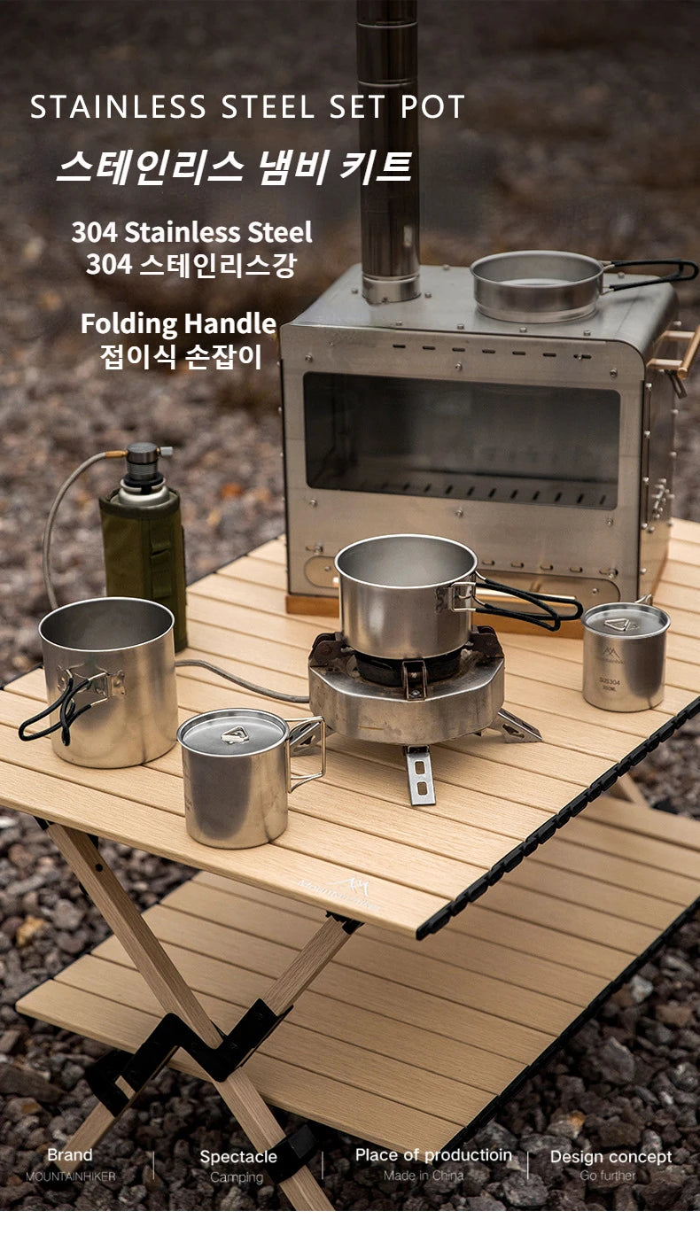 5PCS Camping Cookware 304 Stainless Steel Portable Outdoor Tableware Cookset Cooking Kit Pan Pot Hiking BBQ Picnic