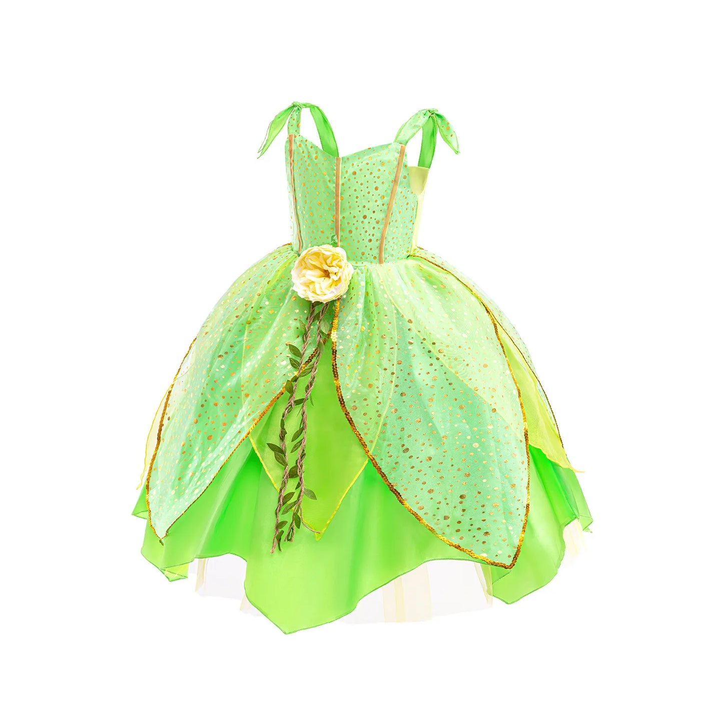 Girl Green Leaf Sequin Fairy Dress Sleeveless Strap Elf Tutu Gown Kids Birthday Party Halloween Cosplay Forest Princess Costume