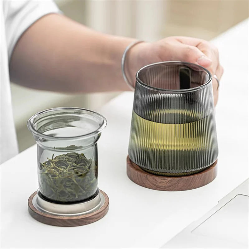 500ML Stripe Heat Resistant Glass Tea Water Separation Tea Cup With Wood Handle Filter Brewing Puer Cups Kung Fu Tea Mug Set
