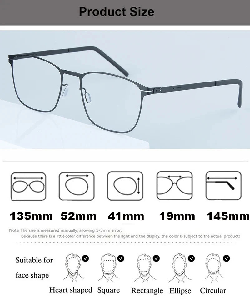 Mens Square Screwless Stainless Steel Eyeglasses Frame