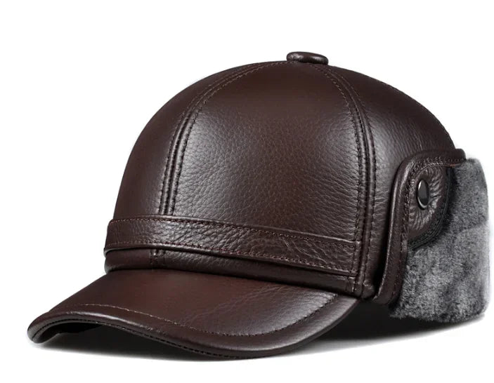 Winter Men's  Hat Thicken Leather Cowhide Baseball Caps With Ears Warm Snapback