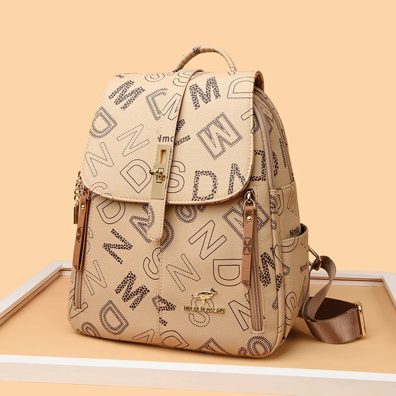 Women's Designer Letter Printing Leather Backpacks Large Capacity Travel Shoulder Bags Totes School Bag