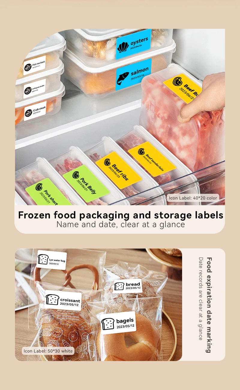 B21 Kitchen Label Printer, Bluetooth Wireless Thermal Label Maker 20–50mm, Inkless Freezer Sticker Printer for Home & Food Storage