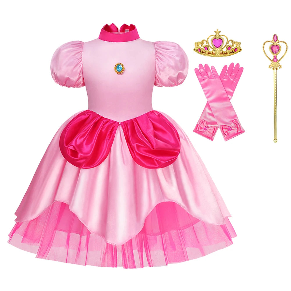 Girls Princess Peach Sweet Halloween Carnival Stage Performance Costume Pink Clothes Cosplay