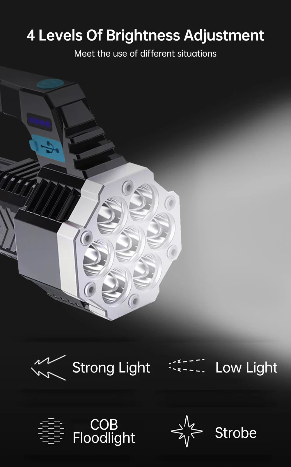 High Power 7 LED Flashlight Rechargeable USB Torch with COB Side Light Portable Outdoor Work Lamp