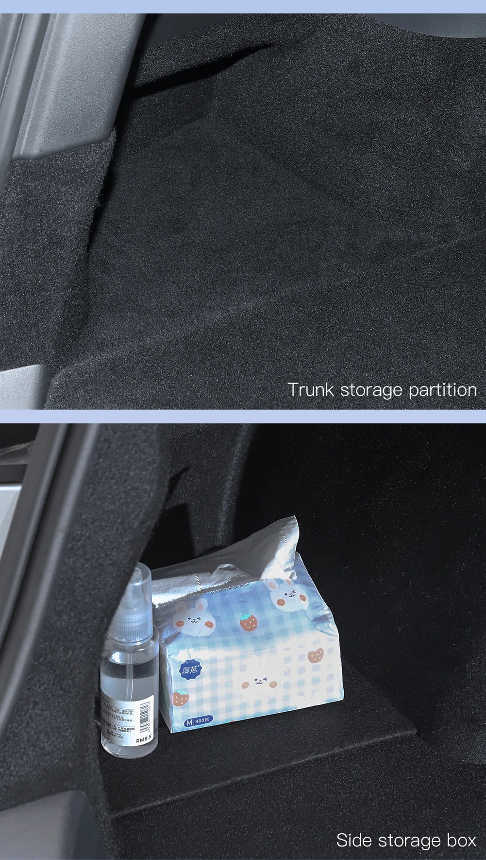 Trunk Side Storage Box Organizer for Tesla Model Y Juniper 2025 2026 Flocking TPE Partition Mat